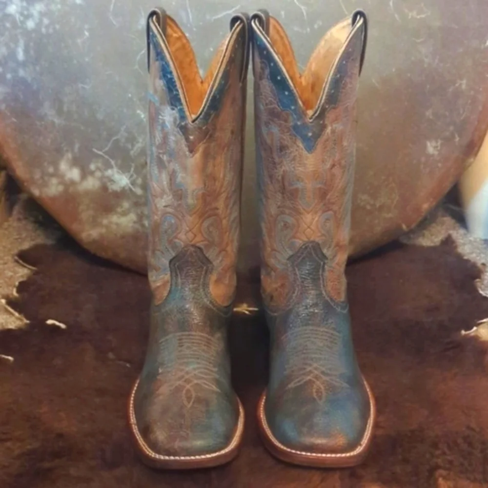 BOULET Boots #4071 mens 9E cowboy boots distressed Tan/Turqueza square toe EUC